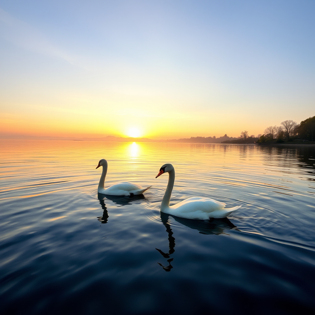 swans gracefully swimming on a serene lake at sunrise, 50mm lens, f/2.8 aperture, ISO 200, soft focus background, natural light photography, DSLR camera