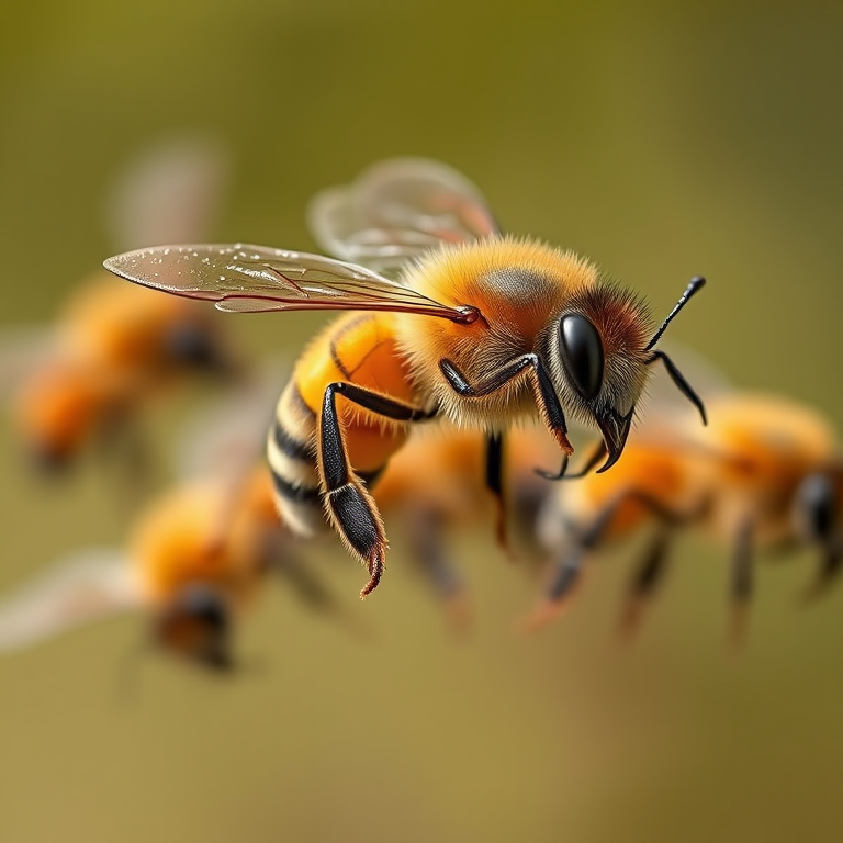 Create a high-resolution image of multiple bees in flight, captured in macro view with a shallow depth of field, using a DSLR camera with a 100mm macro lens at f/2.8, 1/200s shutter speed, ISO 200 for optimal clarity and detail.