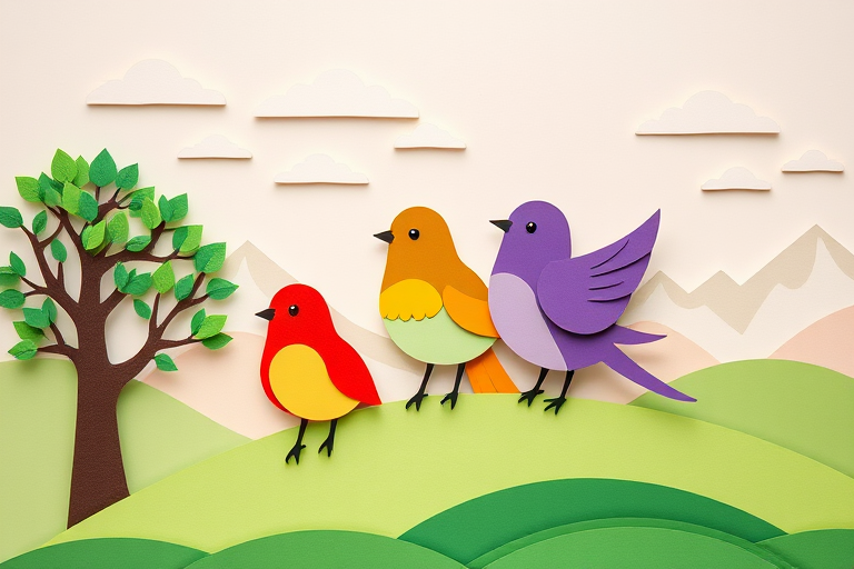 Create a vibrant paper-cut style illustration of three whimsical birds in various colors, standing on a gentle green hill with a stylized tree, fluffy clouds, and distant mountains in a soft pastel background, using a Canon EOS R5 with an 85mm f/1.8 lens, f/2.8 aperture, ISO 100, and a wide-angle view for enhanced depth and clarity.
