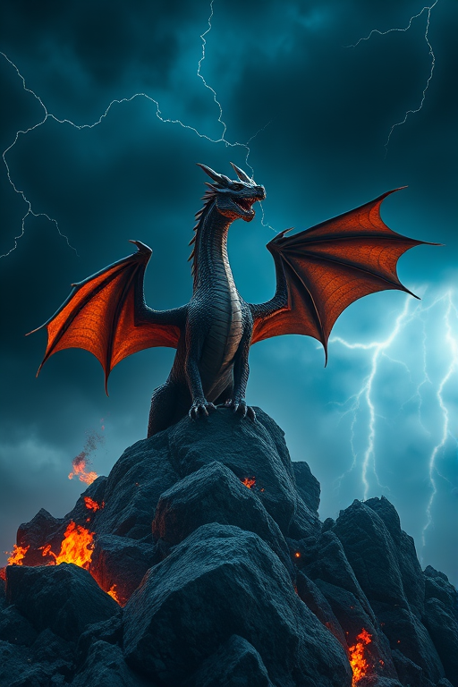 Create a high-resolution image of a dragon standing on a rocky mountain during a storm, surrounded by lightning and flames, captured with a Canon EOS R5, 24mm lens, ISO 100, f/8, 1/500 sec, shot in dramatic lighting from a low angle.