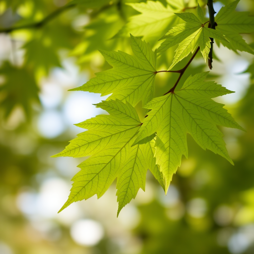 Capture a close-up shot of vibrant green maple leaves with soft focus background, using a Canon EOS R5 camera, f/2.8 aperture, 1/250 sec shutter speed, ISO 200, natural lighting, and a shallow depth of field for enhanced detail.