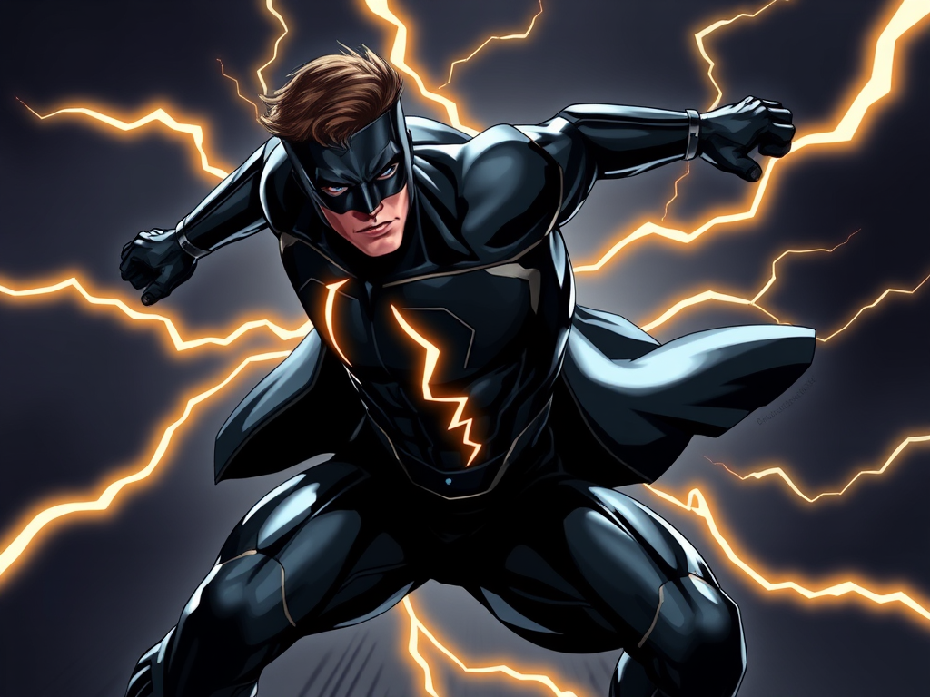 Create a dynamic illustration of a superhero in a sleek black suit with lightning motifs, showcasing motion and power, captured using a DSLR camera with a 50mm lens at f/1.8, in high resolution, with a low-angle view to enhance the subject's stature and dramatic lighting for added depth.