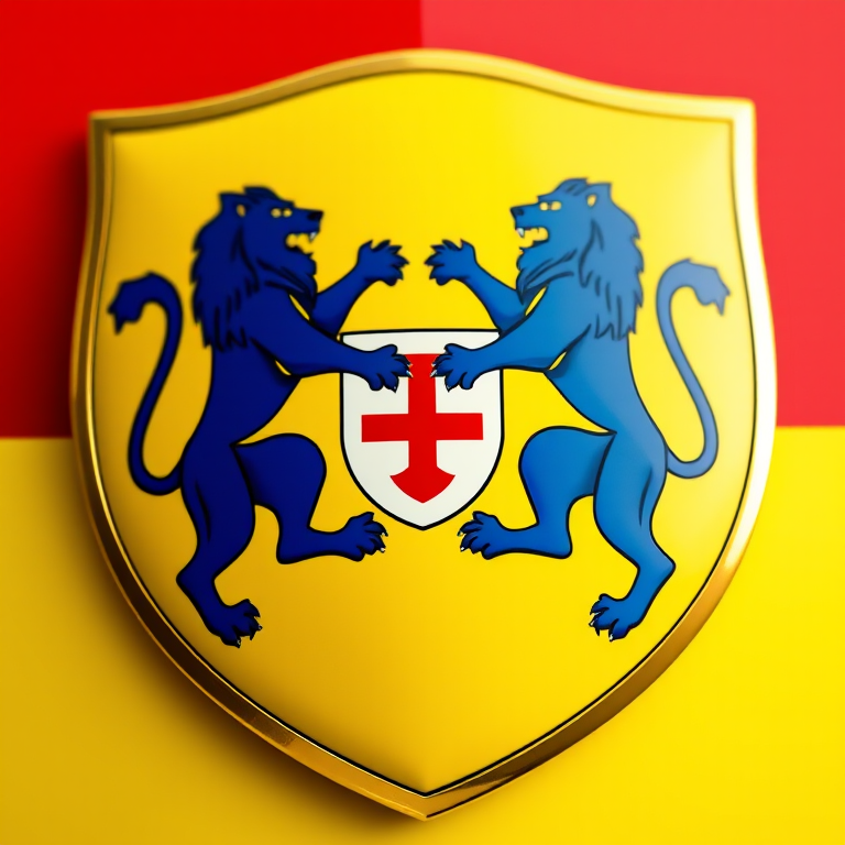 Create a high-resolution image of a shield with two blue lions on a yellow background and a white emblem on a red background, shot with a Canon EOS R5 at f/8, ISO 100, 1/200 sec, in a centered view, using a macro lens for clarity and detail enhancement.