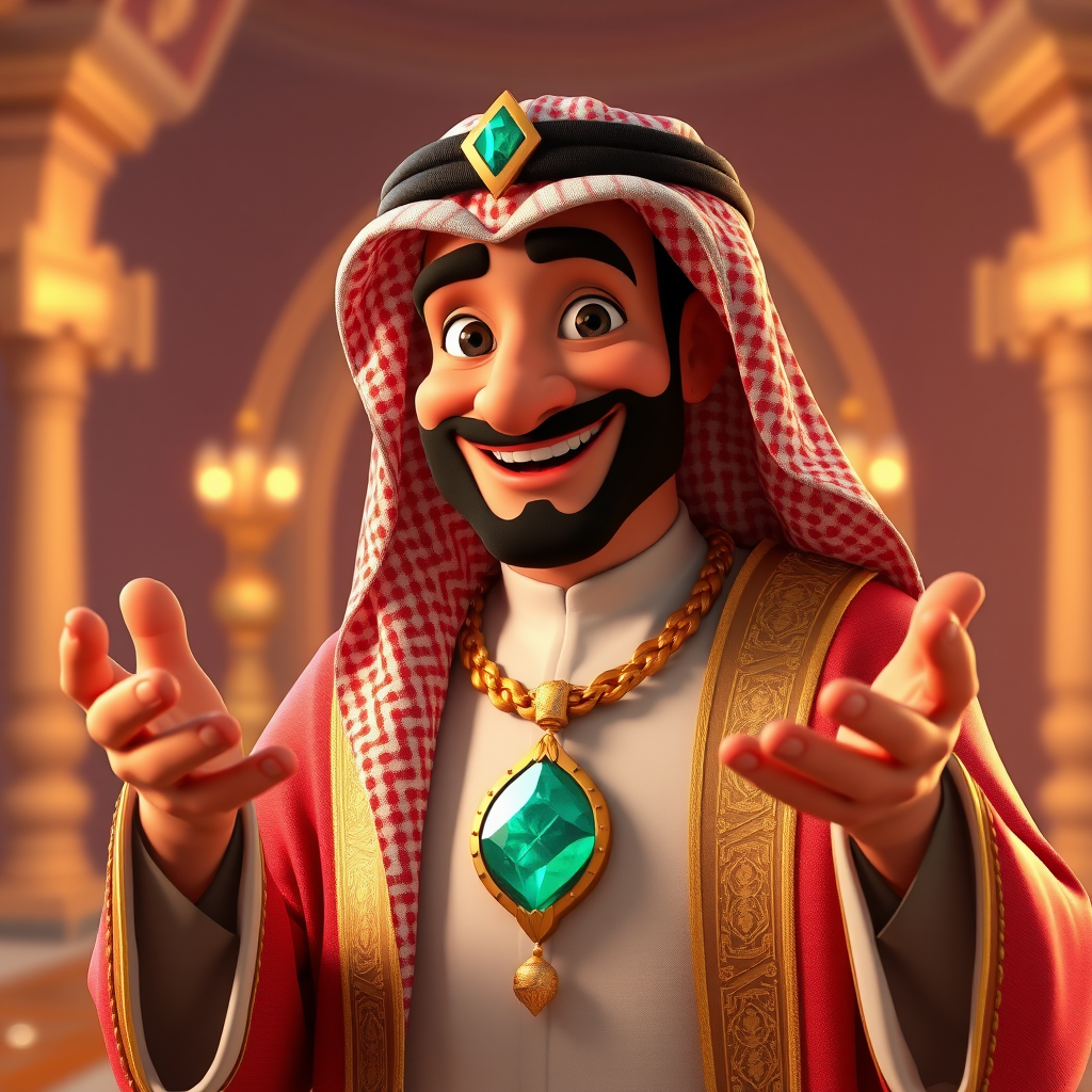 Create a 3D rendering of a wealthy Arab male sheikh from Dubai, inspired by the Disney animation style. The sheikh must have a smile and a playful but wise character. Place your character in an atmosphere of wealth and luxury. The image must be in high resolution format. Dynamic pose above the waist, gesturing with hands (Pixar Art style)++ highly detailed digital painting, art stations, concept art, soft focus, hard focus, illustrations. cinematic, visual effects, HDR, Unreal Engine 5, ray tracing, soft light, 8k, high detail, sparkling backlighting, luxury gem, game art, 3d, cartoon, colorful, magical, mysterious