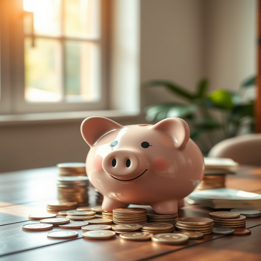A cute piggy bank smiling surrounded by stacks of coins and cash on a wooden table with sunlight streaming in through a window, shot with a 50mm lens at f/2.8, ISO 100, soft focus background, natural lighting, using a DSLR camera.