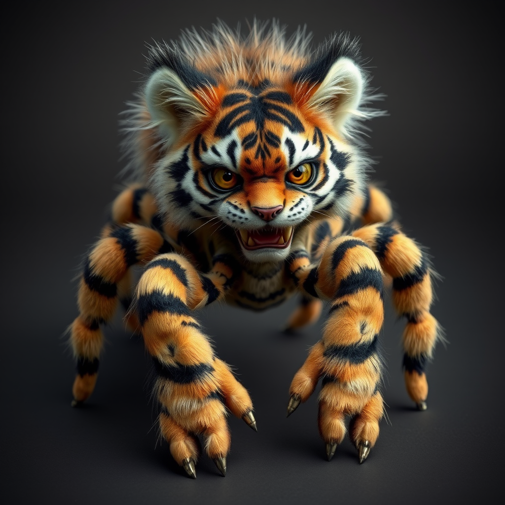 This charming yet frightening Spider Tiger features six legs, a hairy, furry body, and a cat-like tiger physique combined with an insectoid tiger head and tiger legs. The furry head further adds to the creature's unique appearance, creating a captivating blend of cuteness and fear that makes this six-legged, furry, insect-inspired tiger both adorable and scary.