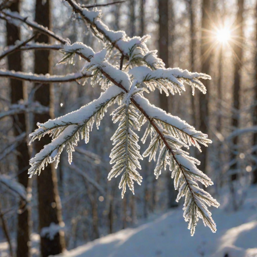 Sharp, detailed close-up of a snow-covered branch in a winter forest, soft sunlight filtering through the trees, with tiny icicles glistening in the cold morning light.