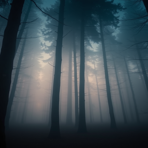 moody misty forest at twilight with ethereal fog, long exposure, f/8 aperture, ISO 100, 24mm lens, captured with a full-frame DSLR, low angle view, enhancing depth and atmosphere