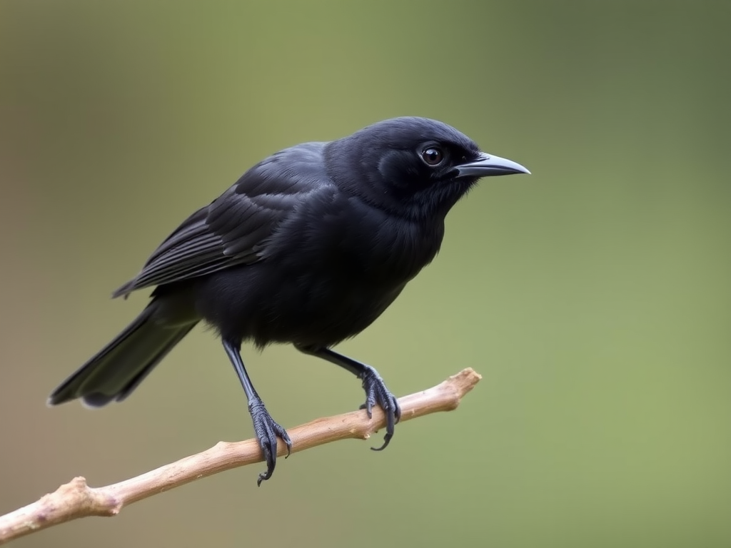 Capture a close-up of a black bird perched on a branch with a blurred background, using a DSLR camera with a 70-200mm lens, aperture set to f/2.8, ISO 200, shutter speed 1/500s, natural lighting, and a focus on the bird's eye for sharp detail.