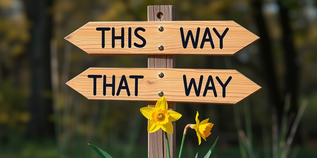 Create an illustration of a wooden signpost with arrows pointing in two directions labeled "THIS WAY" and "THAT WAY," featuring a vibrant yellow daffodil at the base, captured with a Canon EOS R5, 50mm lens, f/2.8 aperture, in natural lighting for enhanced detail and color vibrancy.