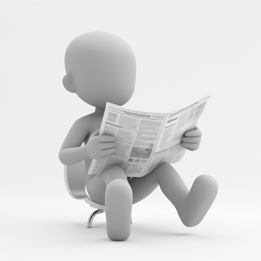 Create a 3D character model of a humanoid figure with simplified features reading a newspaper, high-resolution, soft lighting, ISO 100, f/4 aperture, 50mm lens, shot from a slightly elevated angle, white background for contrast.