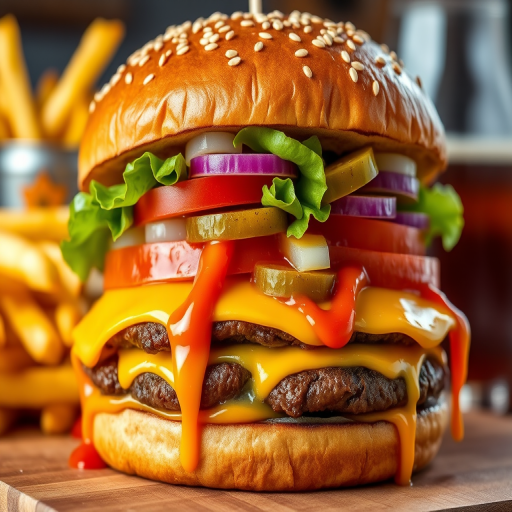 High-resolution, close-up image of a gourmet double cheeseburger. The burger features a glossy, sesame-seed-topped brioche bun. Inside, there are two thick, juicy beef patties, each topped with melted cheddar cheese. The burger is garnished with fresh lettuce, tomato slices, diced onions, and pickles. A generous amount of ketchup and a creamy, orange-colored sauce is dripping down the sides, adding to the mouth-watering appeal. In the background, there are blurred elements including a side of golden French fries and a hint of a beverage, enhancing the overall presentation of a delicious meal.