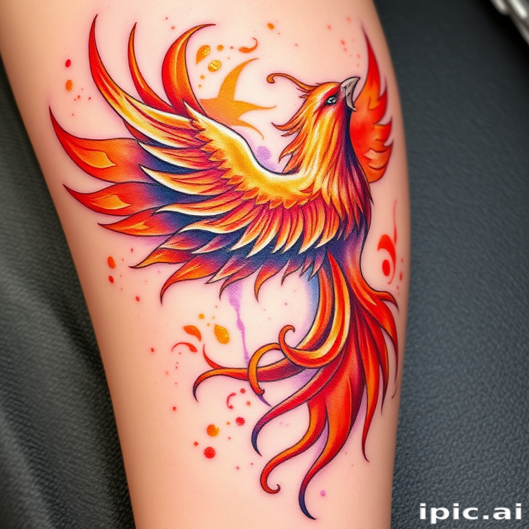Vibrant watercolor phoenix tattoo featuring swirling hues of orange, red, and purple, rising from ashes with intricate feather details and golden accents, symbolizing rebirth and transformation in a painterly style