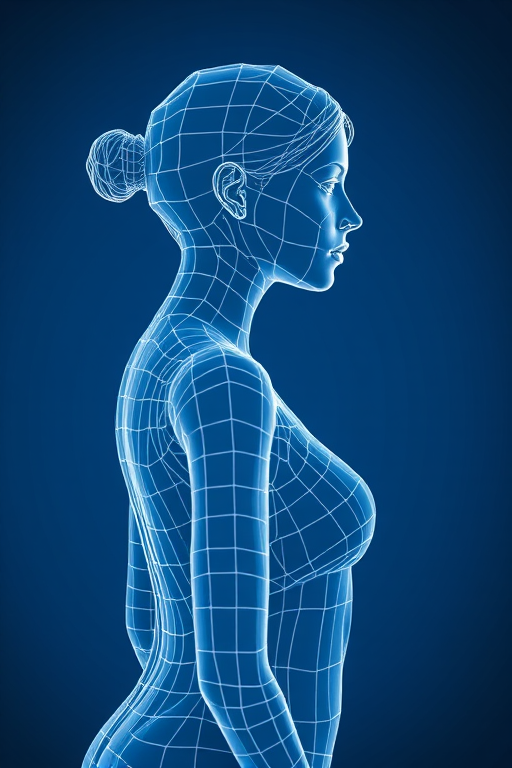 Create a high-quality 3D wireframe model of a female figure in profile view with a deep blue background, using a DSLR camera with a 50mm lens, aperture set to f/2.8 for shallow depth of field, and ISO 100 for optimal clarity.