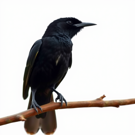Create a highly detailed image of a black bird perched on a branch with a clean white background, using a Canon EOS R5 camera, 50mm lens, f/1.8 aperture, ISO 100, and natural lighting for enhanced quality.