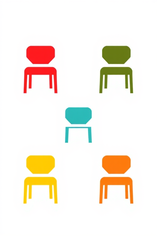 Create an abstract logo design featuring six identical minimalist chair icons in vibrant colors: red, purple, olive green, blue, orange, and yellow, with a clean white background, shot with a Canon EOS R5 at f/8, ISO 100, 50mm lens for sharpness and clarity.