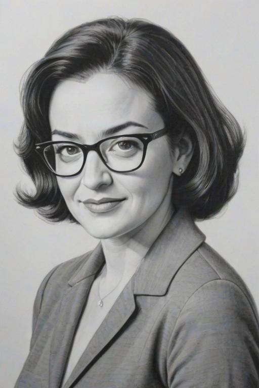 Graceful Sheryl Sandberg, pencil sketch, portrait of Fetching woman 1954s in glasses, hair style beatnik, outline, clear lines, fine lines, 8k