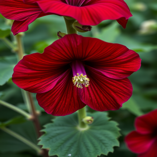 generate a high-resolution digital illustration of a dark red hollyhock flower with lush green leaves, focus on details and textures, camera settings: aperture f/2.8, shutter speed 1/100s, ISO 100, taken from a close-up view using a macro lens, in a vibrant color style with soft lighting, using a DSLR camera
