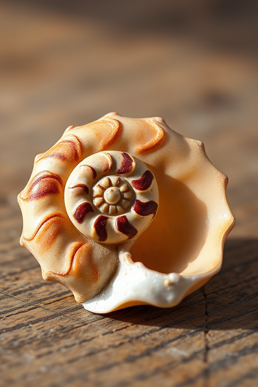 create a hyper-realistic close-up of a nautilus shell on a wooden surface with natural lighting, aperture f/4, shutter speed 1/60s, ISO 100, taken with a macro lens on a DSLR camera for enhanced detail and texture