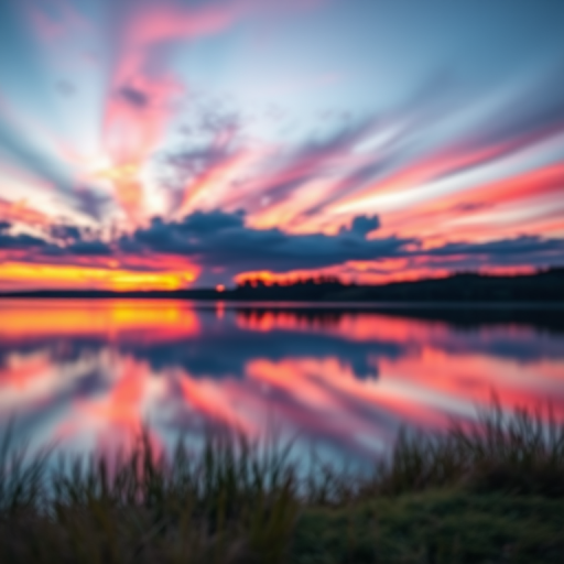 Generate a high-resolution image of a serene sunset over a calm lake, vibrant colors reflecting off the water, shot with a Canon EOS R5, ISO 100, f/8 aperture, 1/125 sec shutter speed, wide-angle lens, capturing a panoramic view with a soft focus on the foreground.