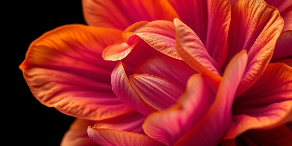 A stunning close-up of an intricate, abstract flower with swirling petals in shades of orange and purple, showcasing rich textures and a luminous quality, captured with a DSLR camera at f/2.8, ISO 100, 50mm lens, natural light against a dark gradient background.