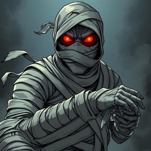Create a detailed and high-resolution illustration of a mummy figure wrapped in tattered bandages with glowing red eyes, in a dynamic pose, captured from a low angle view, using a DSLR camera with a 50mm lens, aperture f/2.8, ISO 100, and natural lighting for enhanced depth and clarity.