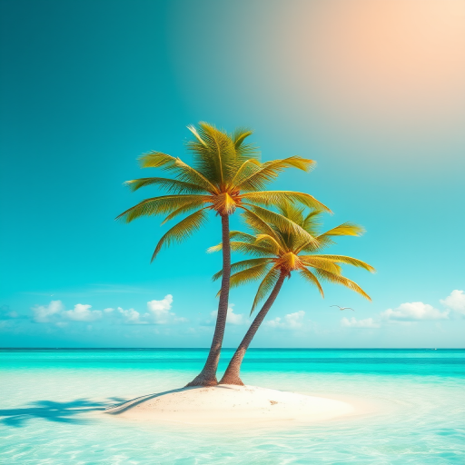 Create a vibrant tropical island scene with a clear blue sky, featuring two palm trees on a sandy beach, surrounded by calm turquoise water, with a few birds flying in the distance, captured using a DSLR camera with a 50mm lens, f/8 aperture, ISO 100, and a shallow depth of field for a crisp foreground and slightly blurred background.