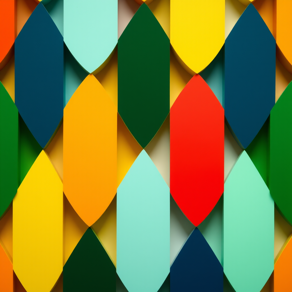 Create an abstract geometric pattern with vibrant colors like green, yellow, red, and orange, using a Canon EOS R5 with a 50mm f/1.8 lens, aperture set to f/2.8, ISO 100, and a shallow depth of field to enhance the clarity and texture of each shape.