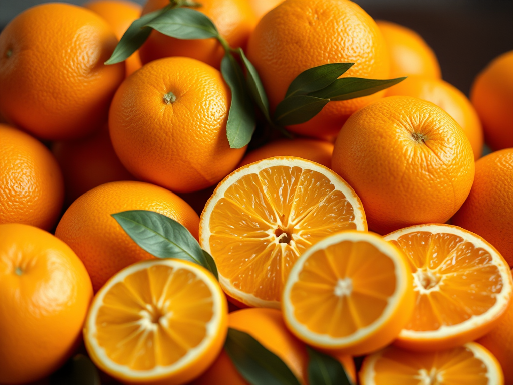 Generate a high-quality image of a fresh pile of oranges including whole oranges, a sliced orange, and orange segments, with a macro lens, f/2.8 aperture, 50mm focal length, soft natural lighting, and a blurred background for a depth effect.