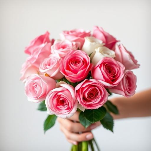 A close-up shot of a person holding a bouquet of assorted pink and white roses against a soft, blurred background, taken with a Canon EOS R5, 50mm f/1.2 lens, aperture f/2.8, ISO 200, and a natural light setting to enhance the colors and details of the flowers.