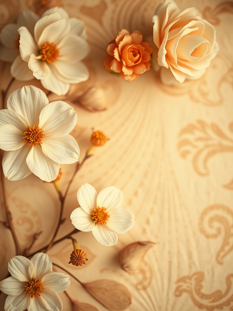 Create a vintage floral background with soft earthy tones and delicate swirling patterns, using a DSLR camera with a 50mm lens, aperture f/2.8, ISO 100, and a shallow depth of field for enhanced texture and detail.