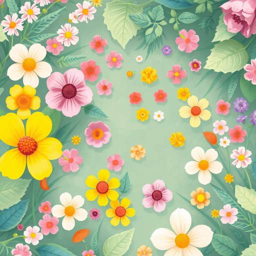 Create a vibrant illustration of a whimsical garden with various flowers and leaves in soft pastel colors, using a Nikon D850 with a 50mm f/1.8 lens, shot from an overhead view at ISO 200, f/2.8, and a shutter speed of 1/125 seconds for enhanced image quality.