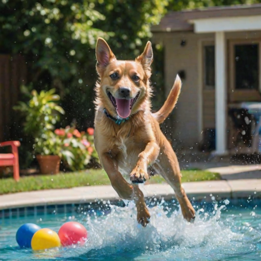 Blurry action shot of a dog joyfully leaping into a sparkling pool on a hot summer day, water splashing in all directions, with colorful pool toys scattered around the edge.