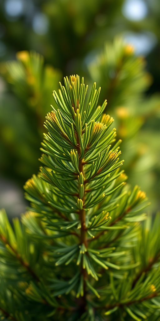 Create a realistic image of a lush green pine tree with vibrant texture and detail, captured using a DSLR camera at f/2.8 aperture, 50mm lens, natural lighting, and a shallow depth of field for enhanced focus on the tree.