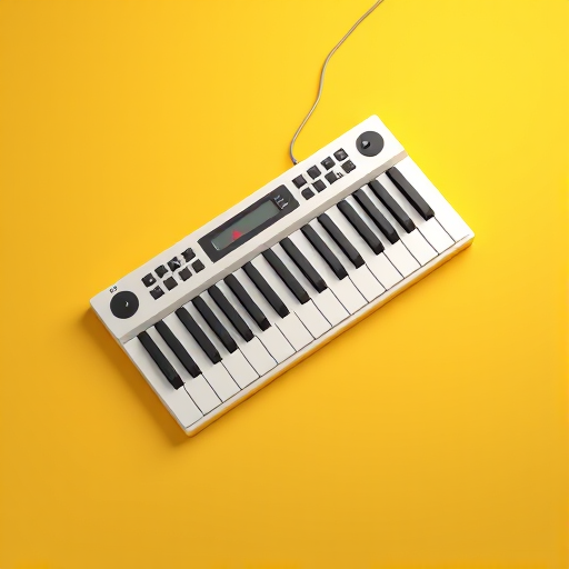 3D rendering of a digital keyboard on a solid yellow background, soft lighting, top-down view, DSLR camera, ISO 100, f/8 aperture, 50mm lens.