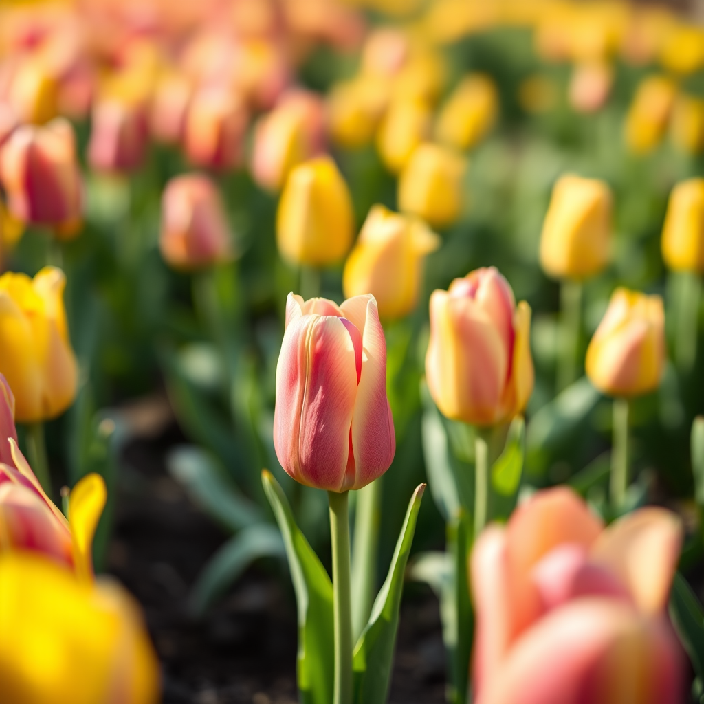 Regenerate the image of tulips in a field with vibrant pink and yellow colors, shallow depth of field, f/2.8 aperture, 50mm lens, soft natural lighting, shot with a DSLR camera from a low angle.