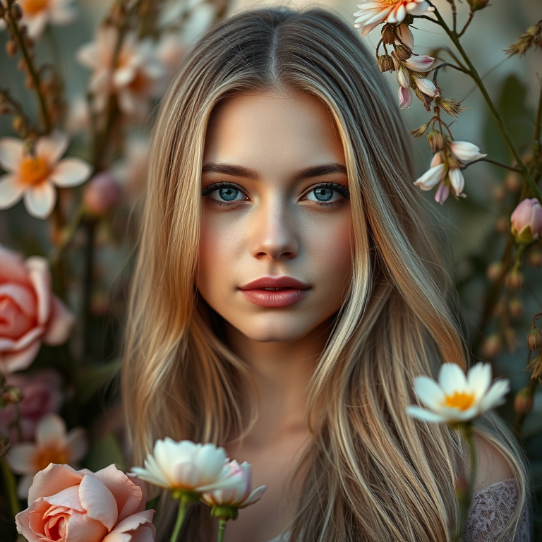 Portrait of a young woman with long blonde hair surrounded by artistic floral elements, captured with a Canon EOS R5, 85mm f/1.2 lens, shallow depth of field, soft lighting, and a slight golden hour glow for enhanced warmth and texture.