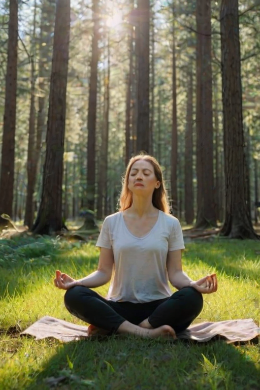 Peaceful forest clearing at midday, sunlight filtering through the trees, a woman sits cross-legged on the grass, her eyes closed as she meditates, the sounds of nature all around her.
