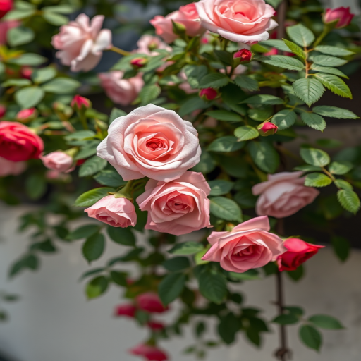 Create a high-resolution image of a lush rose vine with varying shades of pink and red roses, captured in soft natural light, with a shallow depth of field, using a DSLR camera set to f/2.8, ISO 100, and a focal length of 50mm, in a macro view to emphasize the intricate details of the flowers and leaves.