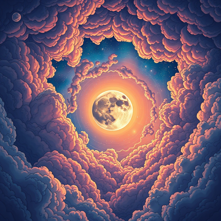 Create a high-resolution digital illustration of swirling clouds and cosmic elements, emphasizing a moon at the center, using a Canon EOS R5 with a 50mm f/1.2 lens, aperture set to f/8, ISO 100, with a vibrant color palette and intricate linework for enhanced detail.