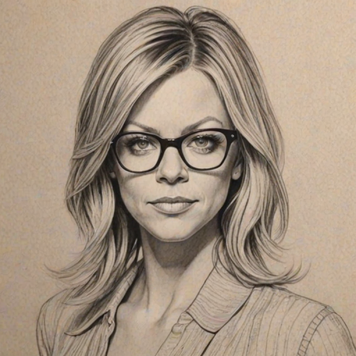Exquisite Kaitlin Olson, pencil sketch, portrait of Dazzling woman 1931s in glasses, hair style beatnik, outline, clear lines, fine lines, 8k