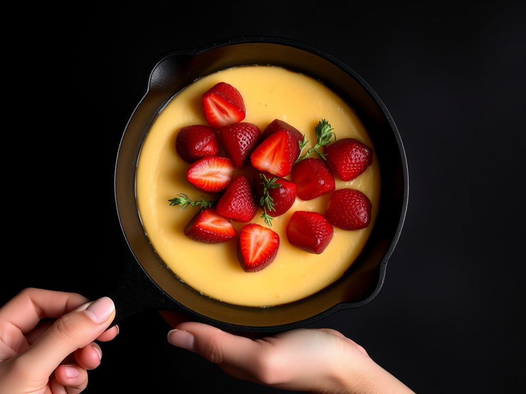 A beautifully arranged dessert in a black pan featuring a smooth golden base topped with vibrant red strawberries and herbs, with a hand holding the pan, set against a dark background.
