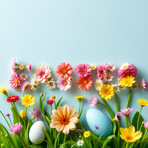 Create an image of the word EASTER decorated with colorful spring flowers in a bright, cheerful style, shot with a DSLR camera at f/2.8 aperture, 50mm lens, and natural lighting for vibrant colors.
