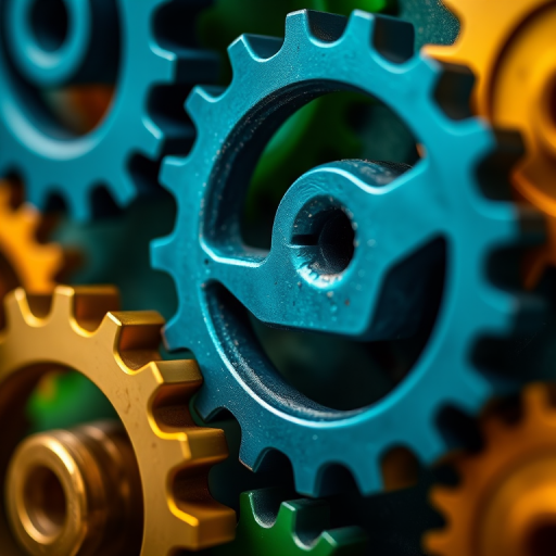 Create an image of interlocking gears in multiple colors like blue, green, and gold, with a focus on detail and texture, using a macro lens, 50mm, f/2.8 aperture, ISO 100, with soft lighting to enhance highlights and shadows.