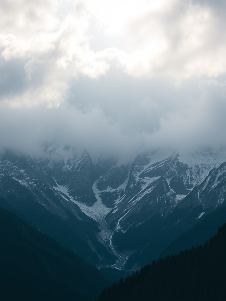 Capture a dramatic mountain landscape shrouded in mist with snow-covered peaks, using a DSLR camera at ISO 100, f/8 aperture, 1/200 sec shutter speed, shot from a low angle to emphasize the grandeur, using a wide-angle lens for enhanced depth.
