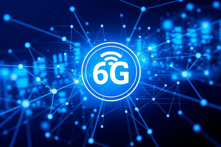 Create an abstract digital background featuring a dynamic network theme with blue and white geometric shapes, include a prominent 6G signal icon at the center, capture with a DSLR camera set to f/8 aperture, ISO 100, 24mm focal length, and use a wide-angle lens for a vibrant and crisp image quality.