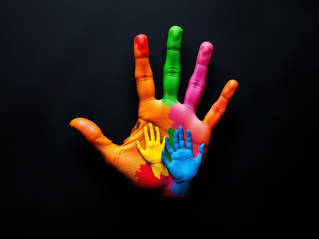 Generate a vibrant and colorful handprint made of tiny multicolored hands on a black background, shot using a Canon EOS R5 with a 50mm f/1.2 lens, aperture set to f/2.8, ISO 100, in a studio lighting setup for enhanced contrast and clarity.