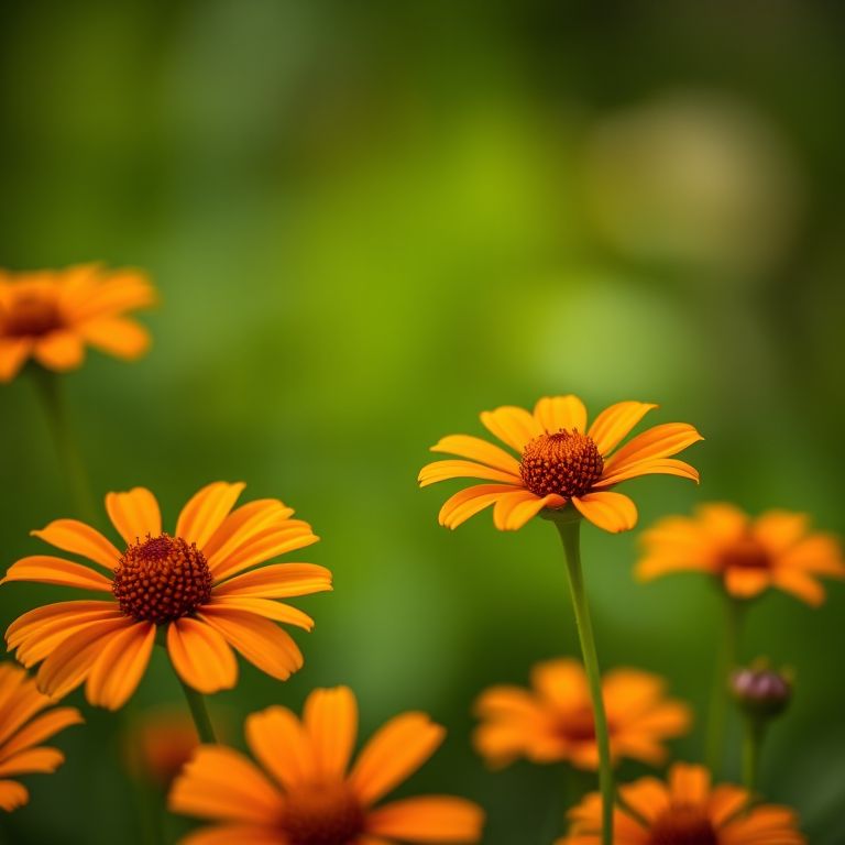 macro shot of vibrant orange flowers with soft green background, f/2.8 aperture, 100mm lens, ISO 100, natural light, shallow depth of field, DSLR camera