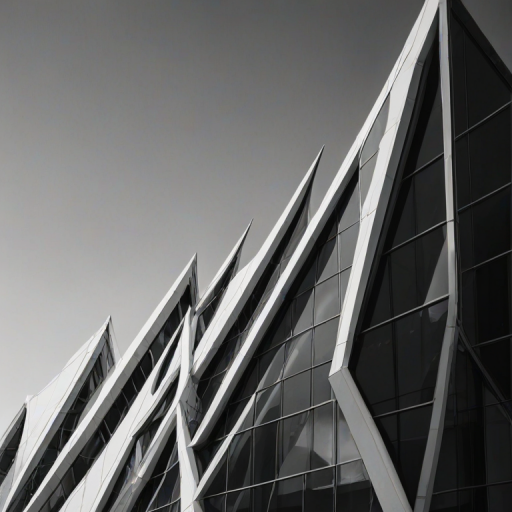 create a high-contrast black and white image of modern architectural structures with angular shapes, large glass windows, and sharp shadows in a geometric composition