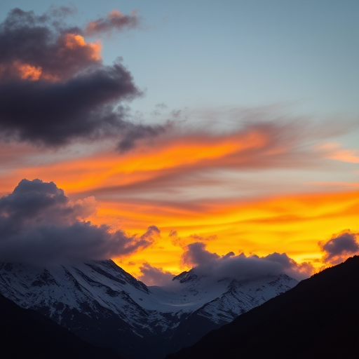 Capture a dramatic sunset over snow-capped mountains with vibrant orange and yellow hues in the sky, using a DSLR camera at f/8, ISO 100, 1/125 sec, shot from a low angle to emphasize the peaks and clouds.